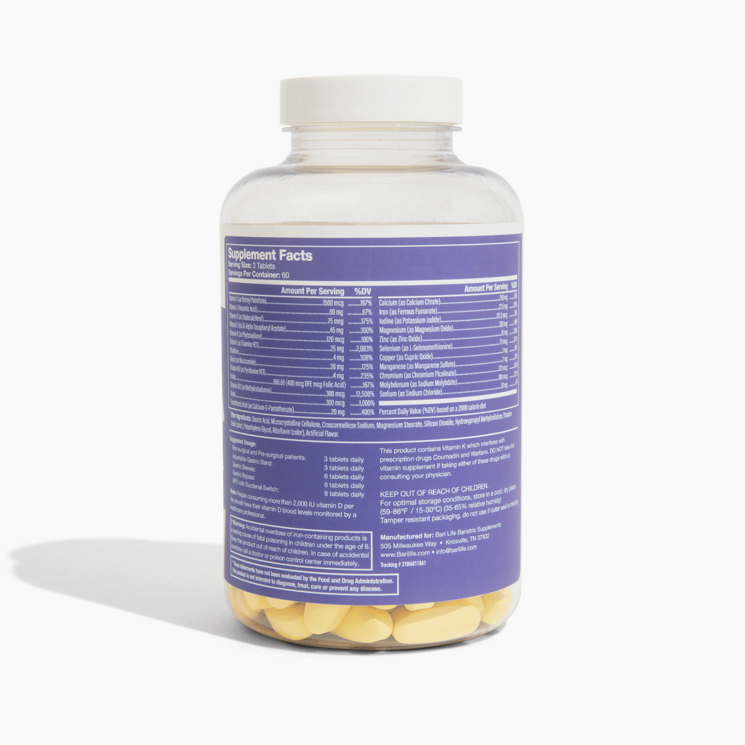 Complete bariatric vitamin formula tablets in a clear bottle showcasing nutritional facts and yellow capsules.